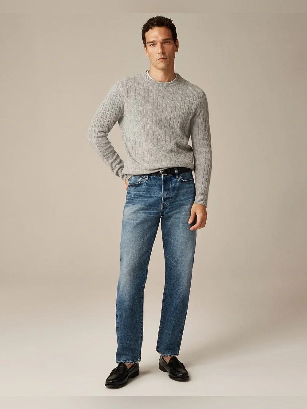 J. Crew Men’s Light Gray Cashmere Cable Knit Sweater Size L